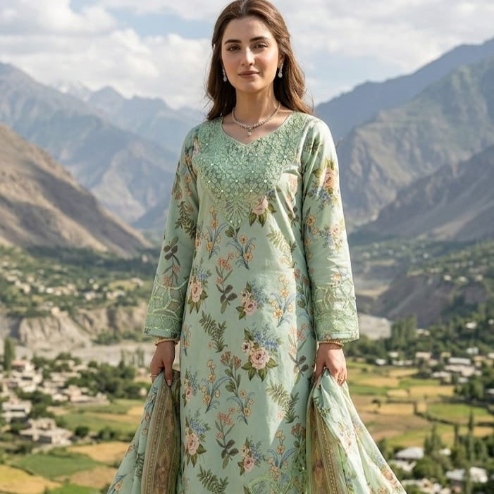 Sage Bloom Embroidered Luxury Lawn 3-Piece Suit